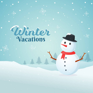 冬季度假贺卡设计与雪人和圣诞树在降雪背景的例证