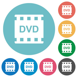 dvd 电影格式平面白色图标上的圆形颜色背景