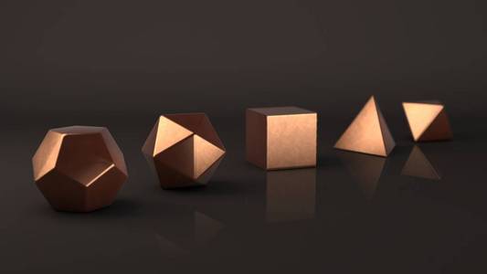 柏拉图固体的群, 具有哑光表面的青铜金属的珍贵锭.