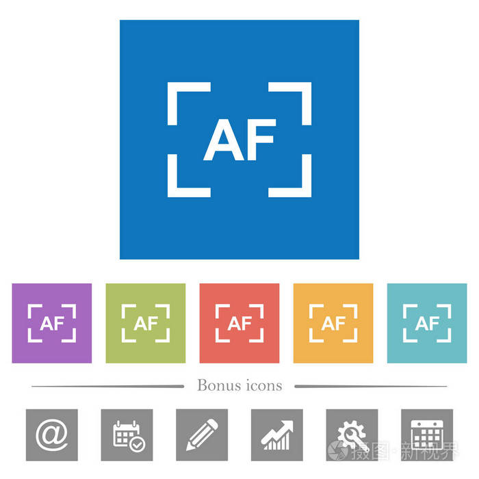 相机自动对焦模式平面白色图标在正方形背景.包含6个奖金图标