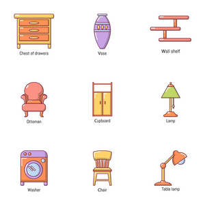 房间木制产品图标集, 卡通风格
