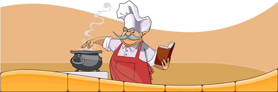 卡通厨师煮在锅里，看着这本书