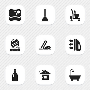 9 可编辑清理图标集。包括符号纯净的家 洗衣粉 客房清洁车等。可用于 Web 移动 Ui 和数据图表设计