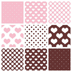 可爱的粉红色，白色和棕色瓷砖矢量模式上柔和的背景设置波尔卡圆点与心
