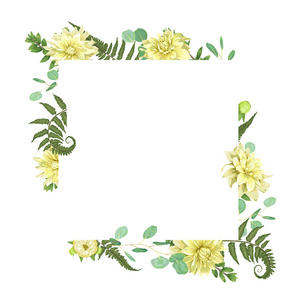 黄大丽花水彩森林蕨类植物草本植物桉树香枝黄花植物绿装饰架正方形。可爱的问候, 婚礼邀请