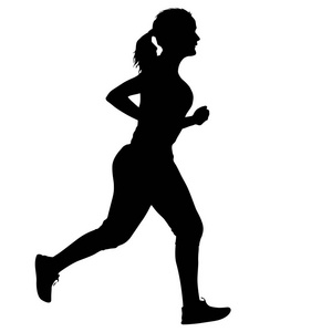 黑色剪影跑步冲刺在白色背景上的妇女