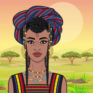 戴头巾的美丽非洲女人的动画肖像.萨凡娜公主, 亚马逊, 游牧民族.