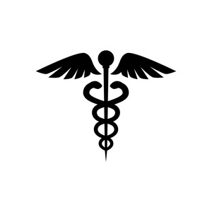 黑色隔离向量图标。药物图标的符号。纠结的蛇和翅膀德库斯向量医疗标志