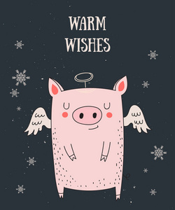 创意明信片新的2019年与可爱的猪和冬季口号。在中国日历中的年份符号。向量动画片查出的例证。黄猪年