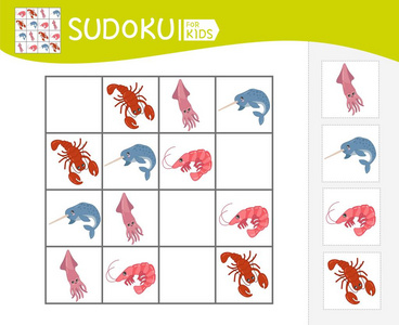 数独游戏的孩子与图片.儿童活动表.动画片海洋动物照片