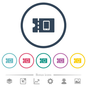 手机折扣优惠券平面颜色图标在圆轮廓。包含6个奖金图标