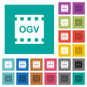 ogv 电影格式在普通正方形背景上的彩色平面图标。包含用于悬停或活动效果的白色和较深图标变体