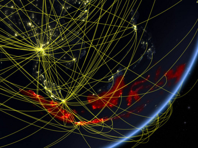 印度尼西亚在地球模型与网络在晚上。新技术通信和旅行的概念。3d 插图。美国宇航局提供的这张图片的元素