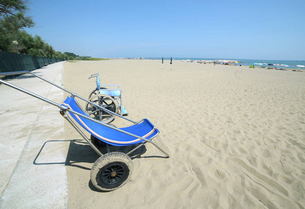 两个特殊的轮椅走在沙滩上