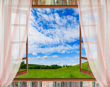 自然景观房窗户的窗帘
