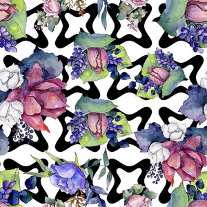 水彩五颜六色的花束混合花。花卉植物花卉。无缝的背景模式
