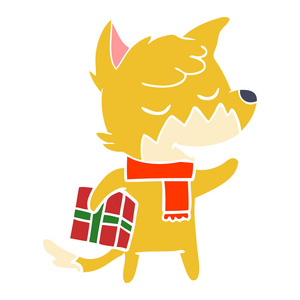 友好的平板颜色风格动画片狐狸与圣诞礼物