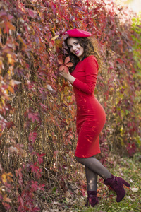 美丽的年轻女子在一个阳光明媚的秋日红色礼服