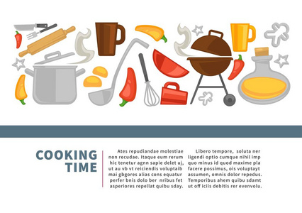 烹调厨房用具和配料海报。食品或野餐用钢包勺烧烤锅, 用滚针刀和叉子搅拌的厨房用具和餐具