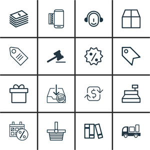 16 电子商务图标的设置。包括纸板 反复出现的 Payements 挂包和其他符号。漂亮的设计元素