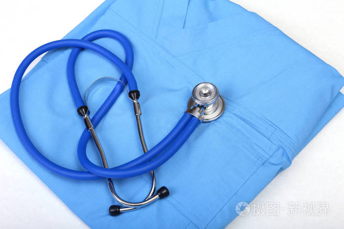 医用听诊器,手套,rx 处方上蓝色医生统一特写.