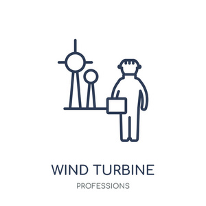 风力涡轮机技术员图标。风力发电机组技术员线性符号设计从专业收集。简单的大纲元素向量例证在白色背景