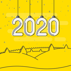 黄色快乐新年2020卡片与冬天风景