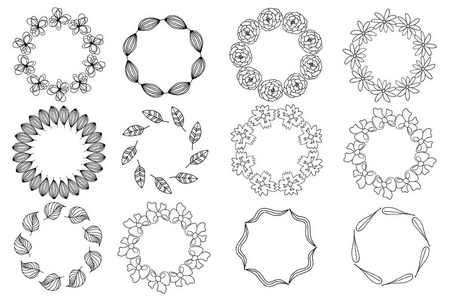 设置的手绘涂鸦花圈。矢量手绘制的插画黑色和白色。卡，传单的设计元素