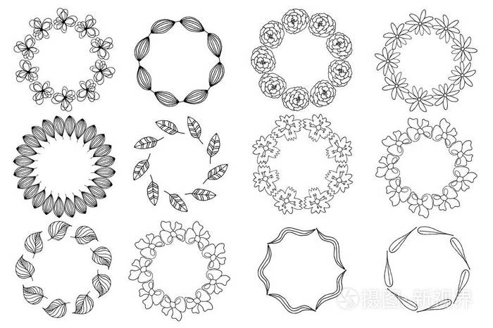 设置的手绘涂鸦花圈.矢量手绘制的插画黑色和白色.卡,传单的设计元素