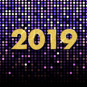 紫色闪亮的新年2019年海报与金色的数字