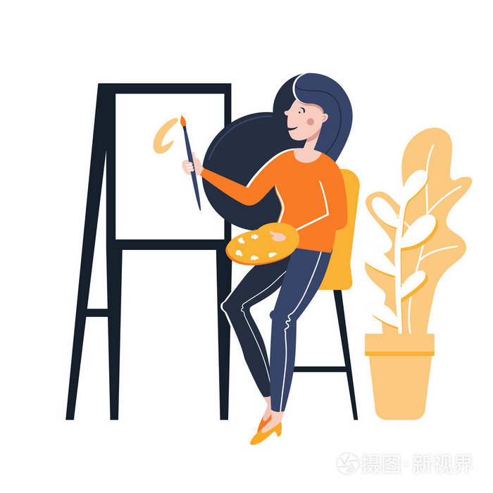 带有调色板和画笔的年轻女画家.现代扁平风格