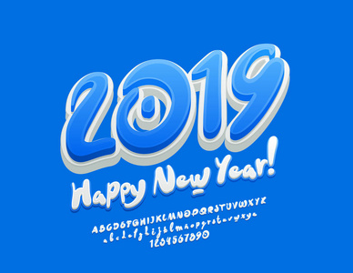 向量贺卡为儿童新年快乐2019年。有趣的明亮的字体。旋转的独家字母数字和符号
