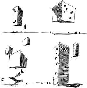四手绘的 architectectural 草图现代抽象建筑和未来的飞行和悬浮建筑