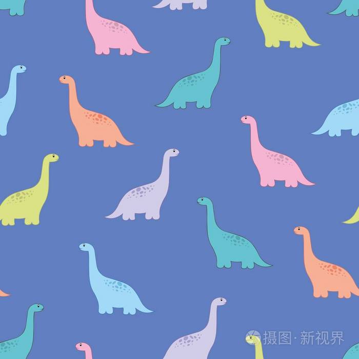 在一幅漫画风格的蓝色背景上的程式化可爱恐龙