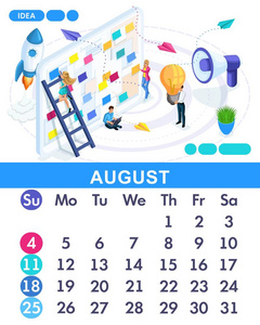 从2019年的既定日历开始的零数月8月。创建经营理念的理念。创建业务战略的概念。白色背景上的等距人