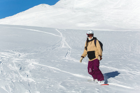 妇女滑雪板滑雪板上新鲜的白雪与滑雪坡上阳光明媚的冬日