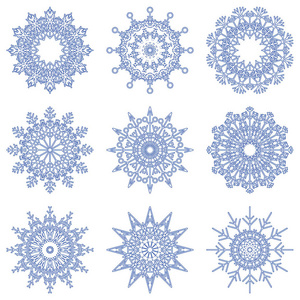 收集艺术冰抽象水晶雪片隔绝在背景作为冬季12月装饰组或集合。冰或霜冻美丽的明星饰品剪影或季节艺术