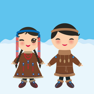 楚卡雅库特爱斯基摩人的男孩和女孩在国家服装和帽子。卡通孩子在传统的阿拉斯加礼服。风景雪, 冰, 天空。向量例证