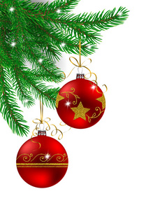 冷杉树枝装饰着红色和金色的圣诞小东西在白色的背景上, 有文字的空间