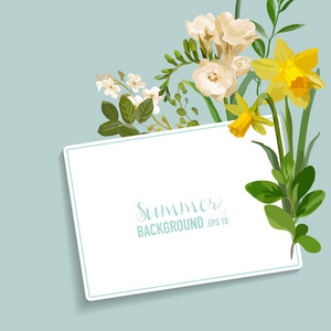 复古春季花卉卡与标记为您的文本。在向量中的多彩花平面设计