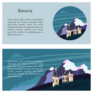 巴伐利亚, 德国。美丽的风景, 巴伐利亚的传统建筑。城堡, 村庄, 城市, 山脉, 田野。明信片徽标带有文本空间的标志