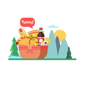 野餐篮与食物的背景下的山区景观。饮料, 汉堡包, 热狗, 番茄酱, 芥末。向量例证