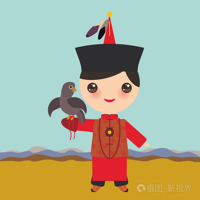蒙古男孩在红色的民族服装和帽子 卡通的孩子在传统服装 亨特 和一只老鹰一起打猎 风景草原 山 天空 向量例证插画 正版商用图片0tyzmf 摄图新视界