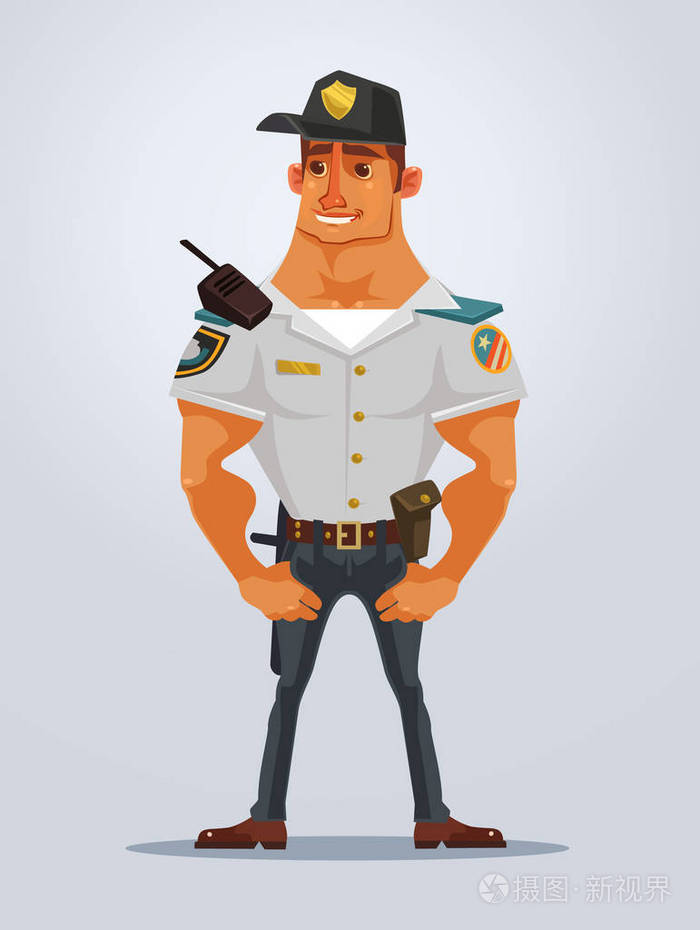 快乐的微笑强肌肉警察字符吉祥物矢量平面卡通插画
