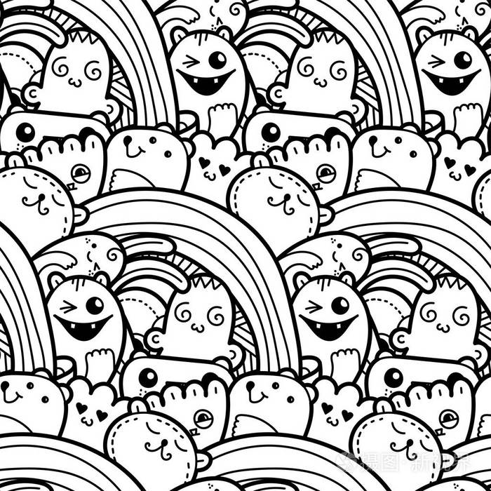有趣的涂鸦怪物打印, 设计和着色书籍无缝模式插画-正版商用图片0tz2