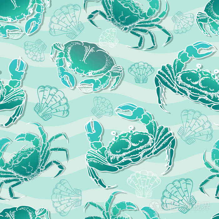 无缝的图案海洋装饰与螃蟹, 壳和波在浅蓝色的背景.向量例证