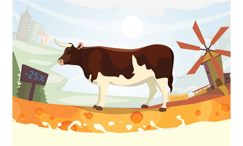 可爱的农场新鲜卡通与牛羊矢量插图平面设计可爱的奶牛与牛奶河矢量图