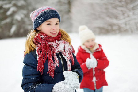 两个可爱小女孩一起在美丽的冬季公园开心。漂亮的姐妹在雪地里玩。孩子们的冬季活动