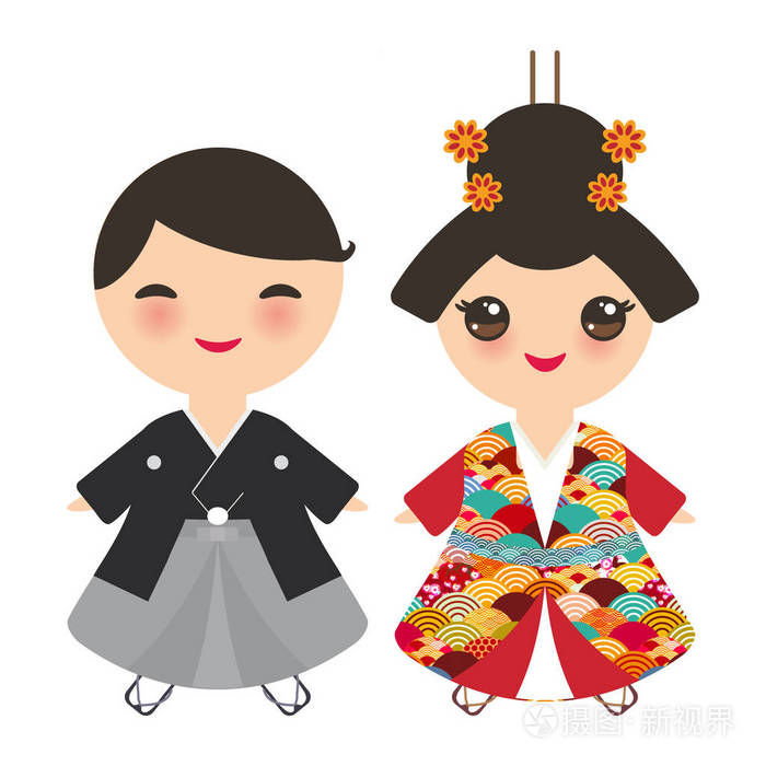日本男孩和女孩在民族服装.和服, 卡通的孩子在传统的衣服.
