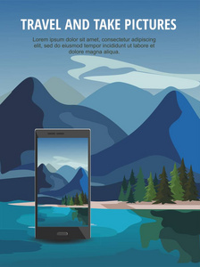 屏幕上有山景观的黑色智能手机。移动摄影概念